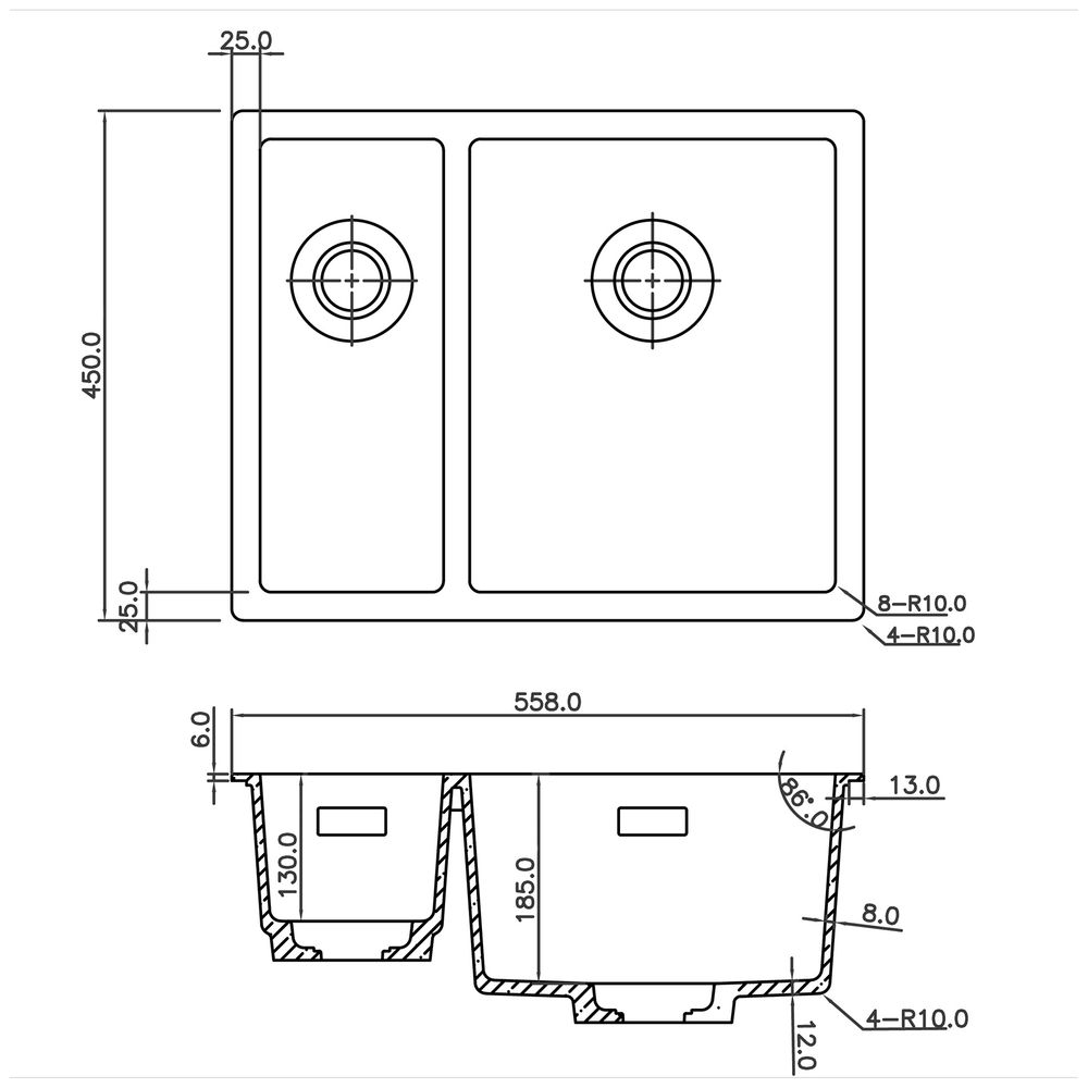 CARESSI Quartz CAQPP1534R10BK-EB Spoelbak Bak Rechts